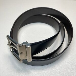 Canali Mens Black Leather Belt 40 Genuine Leather Brushed Silver Buckle Italy